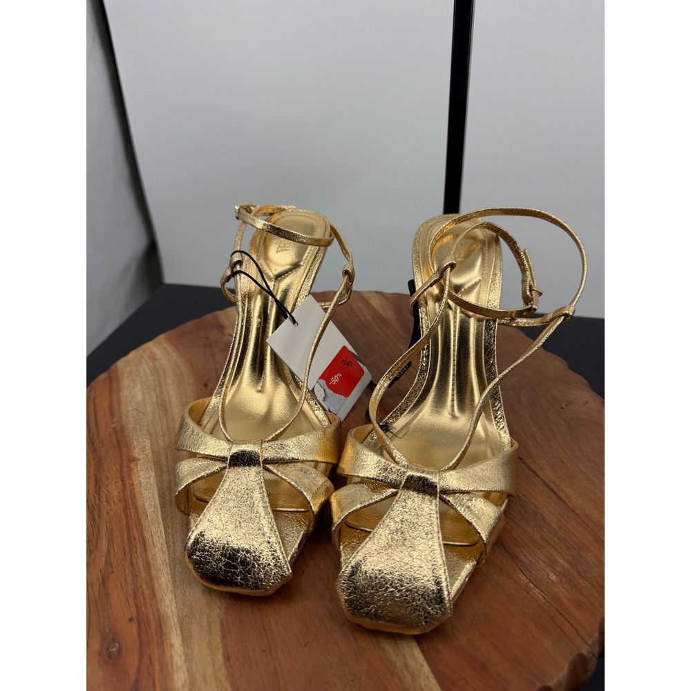 Zara metallic cover front strappy sandals heels gold High Heel 37 6.5 Square Toe - Picture 4 of 10